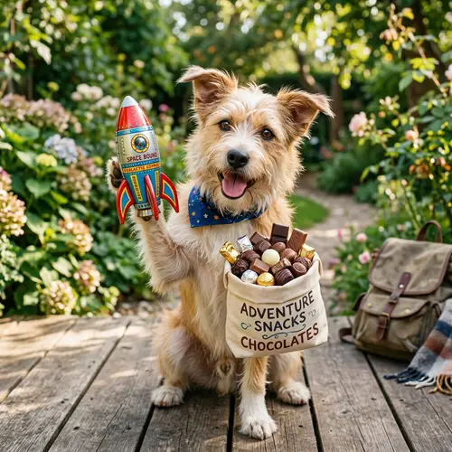 Playful Dog with Rocket Ship and Chocolates | Adventure Awaits