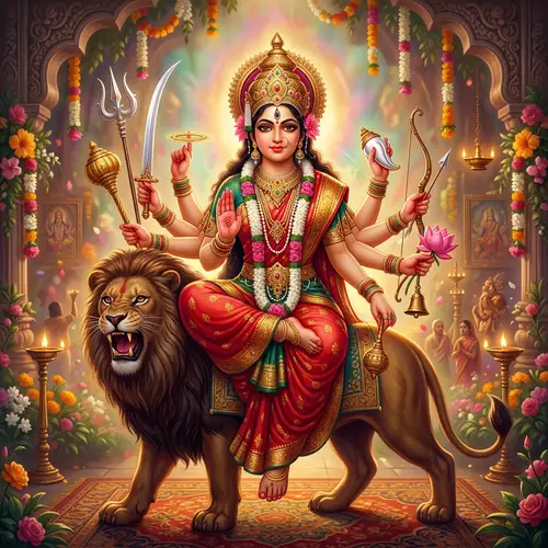 Hindu Goddess Durga: Divine Eight-Armed Deity on Lion/Tiger