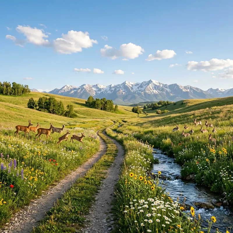 Happy Nature Scene with Wildlife and Rolling Hills