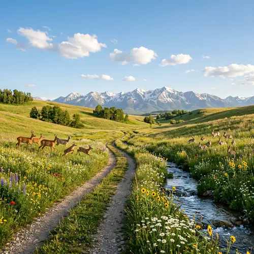 Tranquil Landscape with Rolling Hills and Wildlife