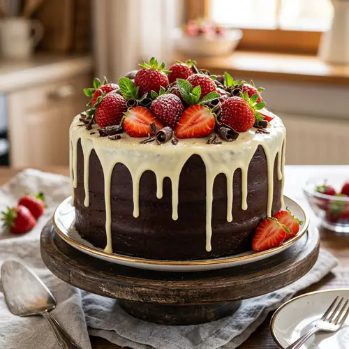 Delicious Dark Chocolate Cake with Strawberry Toppings