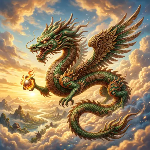 2024 Wooden Green Dragon in Dynamic Pose | Eastern Mythology