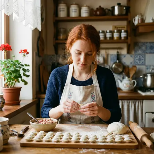 Ukrainian Woman Making Siberian Dumplings in Kitchen
