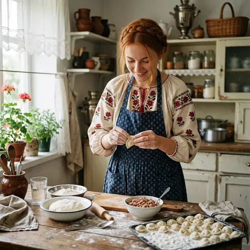 Ukrainian Woman Making Siberian Dumplings in Kitchen