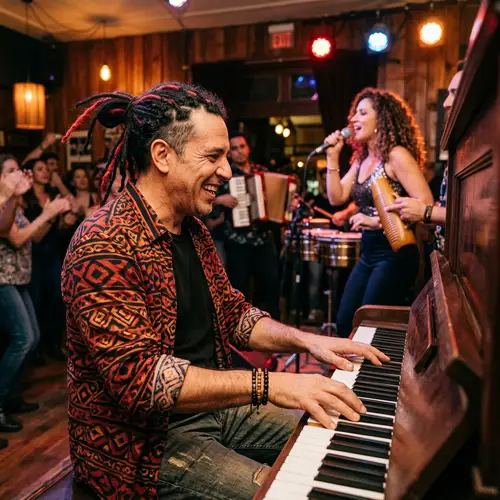 Argentine Musician with Black and Red Dreadlocks Playing Piano in Cumbia Band
