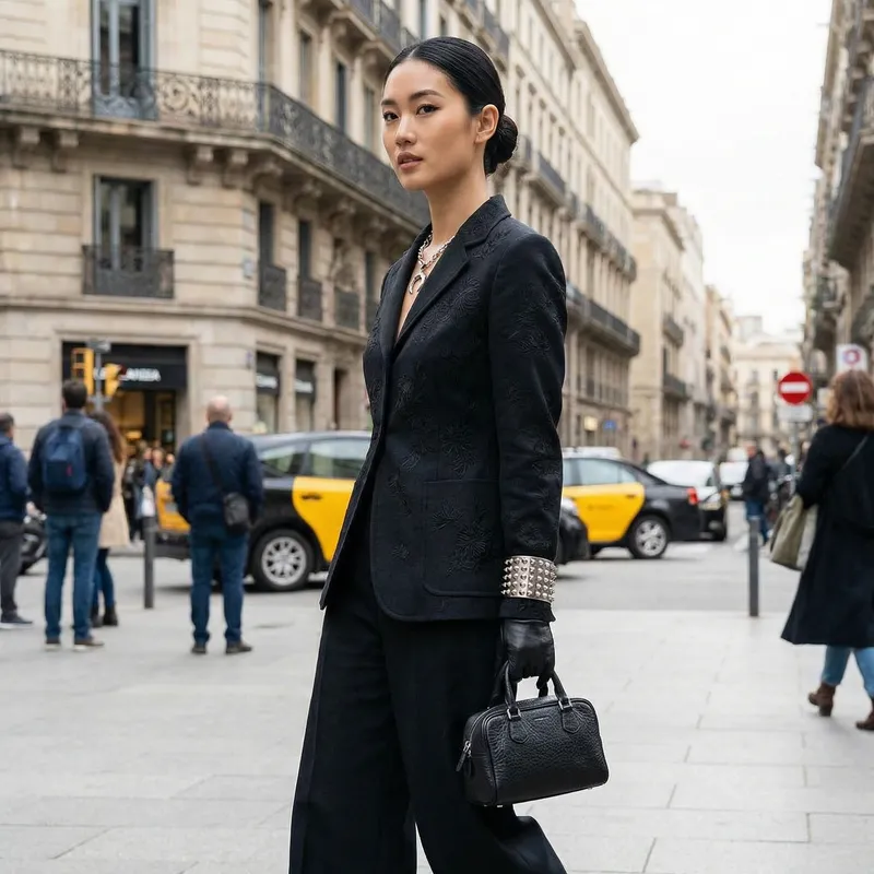 Elegant Asian Fashion Girl with Silver Jewelry and Luxe Purse