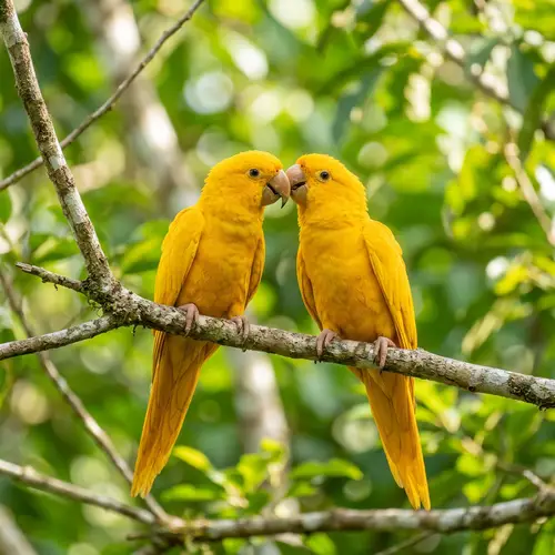 Golden Parrots Nuzzling on a Tree Branch