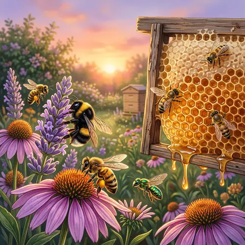 Healthy Bees and Golden Honey in Vibrant Garden Scene