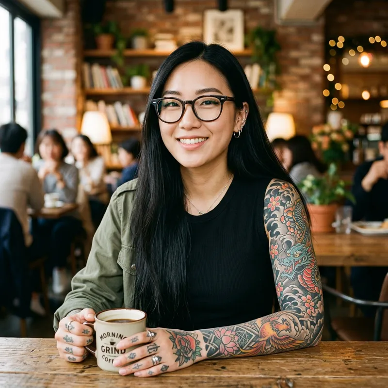 Stunning Asian Female Character with Tattoos & Glasses Stunning Asian Female Character with Tattoos & Glasses