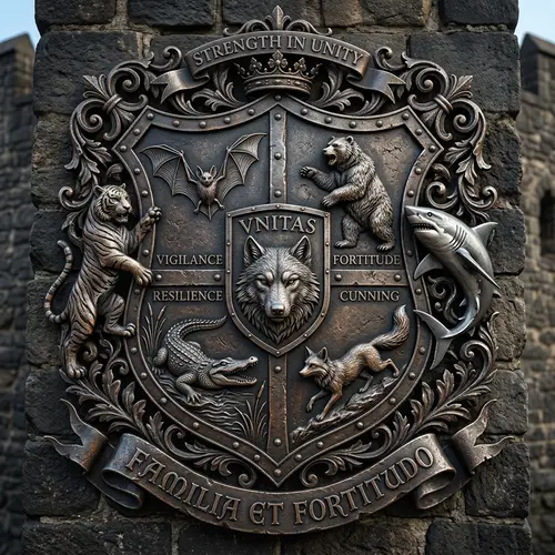 Intricate Iron Family Crest Shield with Animal Symbols