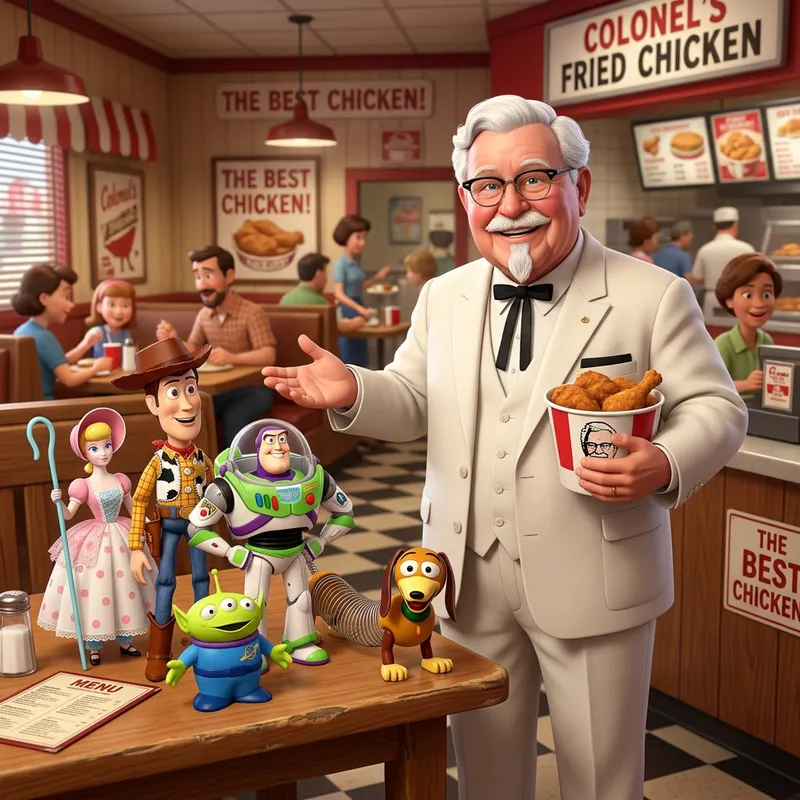 Colonel Sanders Inspired Toy Story Style Image with Animated Toy Characters Colonel Sanders Inspired Toy Story Style Image with Animated Toy Characters