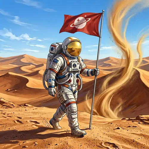 African American Astronaut in White Space Suit Conquers Sandy Desert