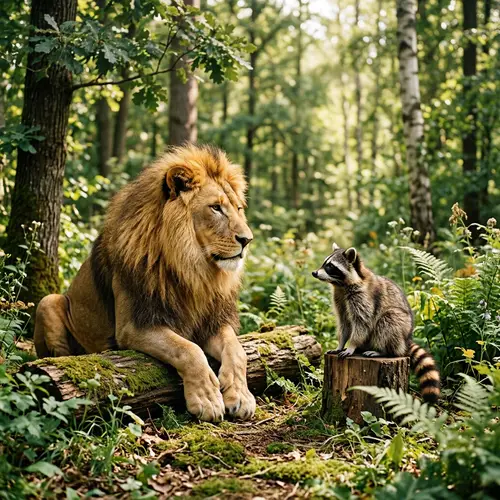 Lion and Raccoon in Peaceful Forest Conversation