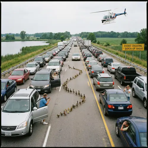 Ducks Cause Massive Traffic Jam on Road