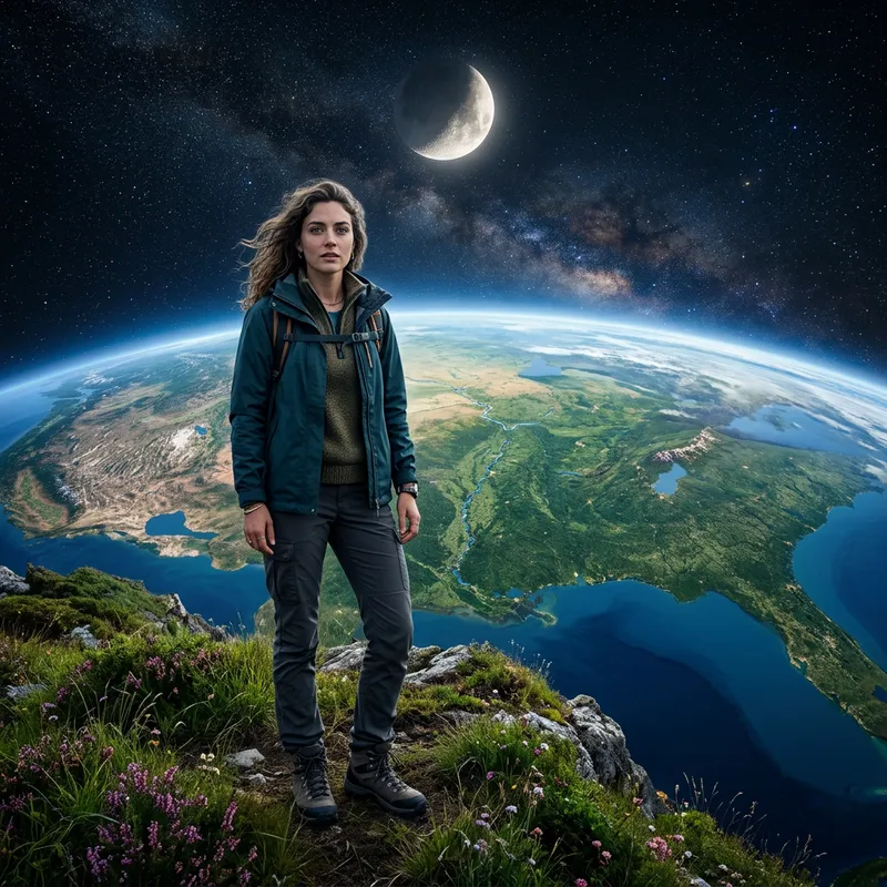 Starry Sky Portrait of Caucasian Individual on Earth with Moon