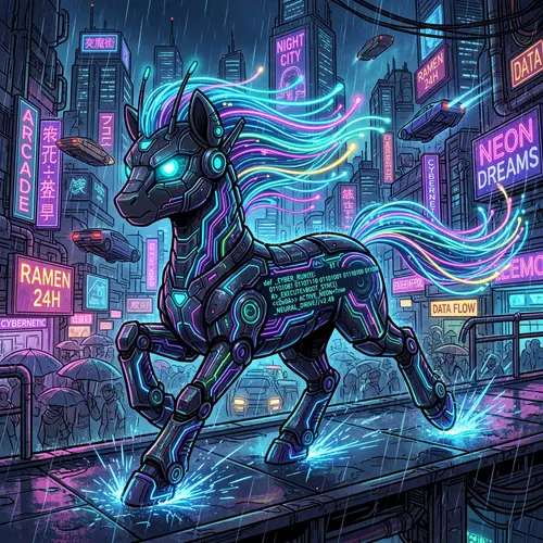 Futuristic Black Cyberpunk Pony - Neon & Circuit Elements