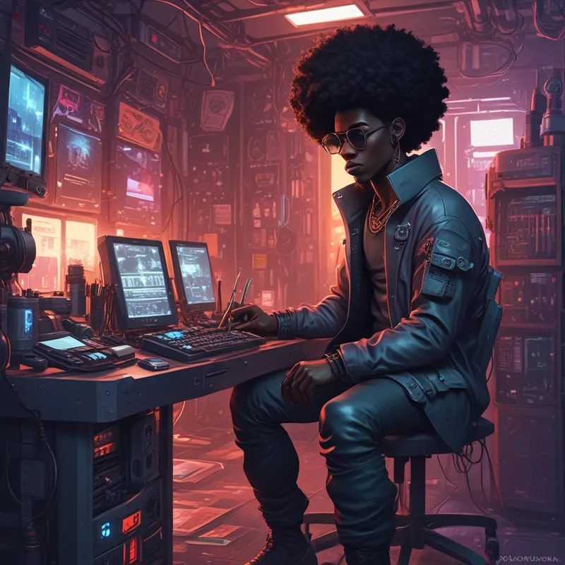 Afro Male Cyberpunk in Research Lab