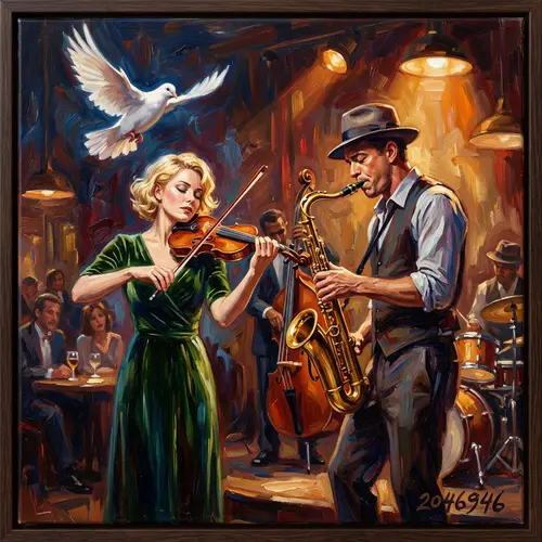 Jazz Music Painting: Woman with Violin & Flying Dove