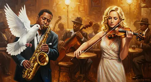 Jazz Music Painting: Woman with Violin & Flying Dove