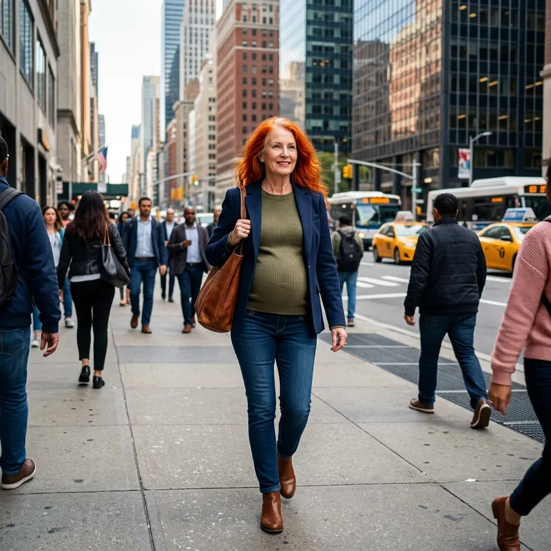 Confident Red-Haired Pregnant Woman Strutting in Urban Environment - Celebrating Diversity and Empowerment