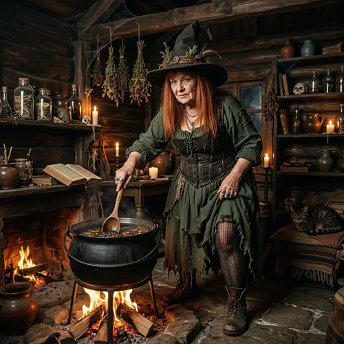 Elderly Witch in 18th-Century Hut - Photo-realistic Night Scene