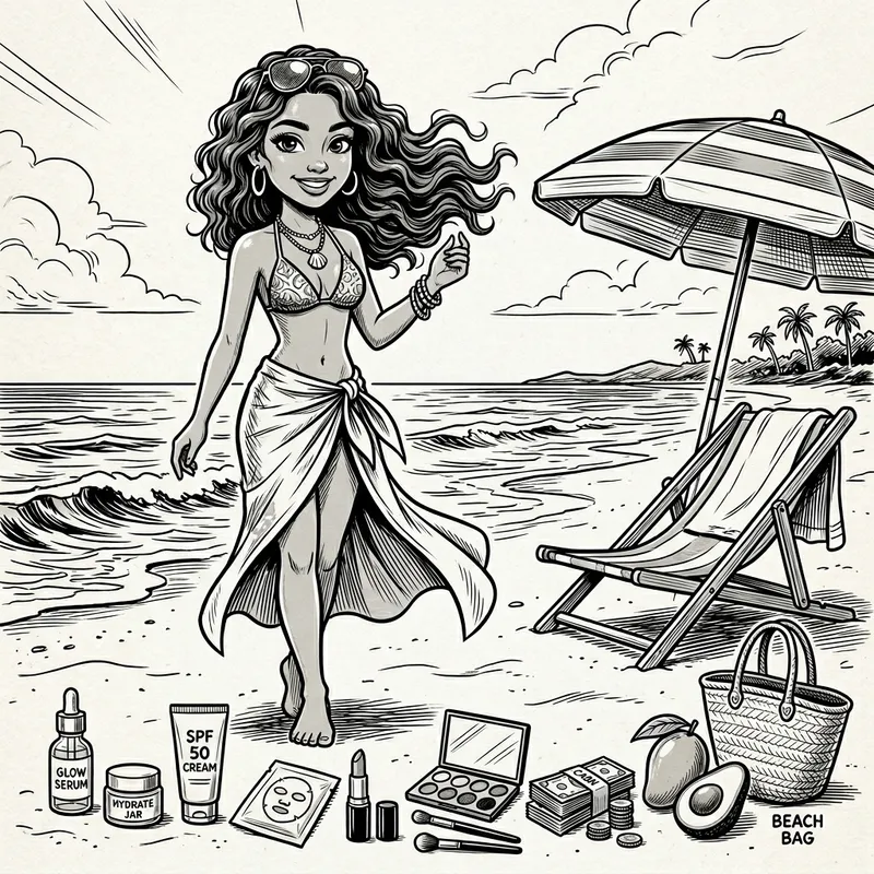 Stylized Cartoon of a Latina Girl at the Beach