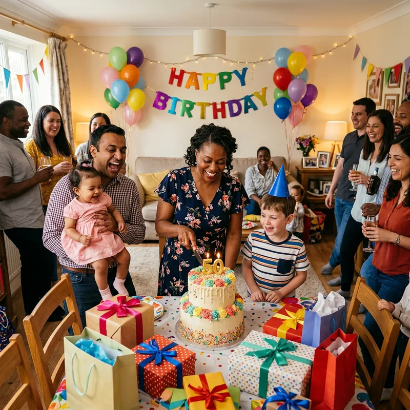 Vibrant Birthday Party with Cake, Balloons & Friends