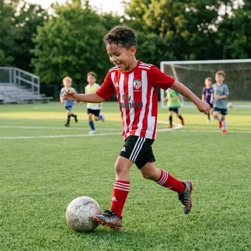 Hispanic Boy Playing Soccer in Red Stripe Jersey | Madrid Inspired