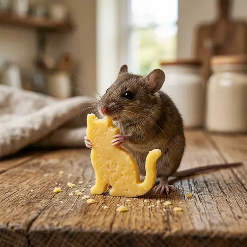 Mouse Eating Cat-Shaped Cheese: Adorable Image