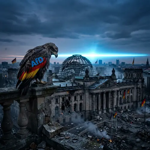 Sad Little Eagle Overlooks Destroyed Bundestag