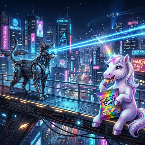 Futuristic Cyborg Cat Shooting Lasers on Unicorn Eating Potato Chips