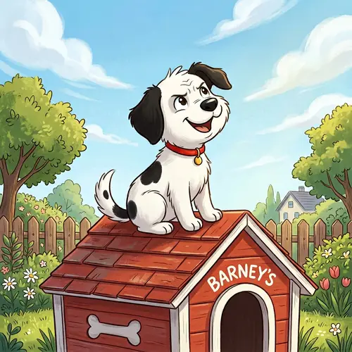Adorable Cartoon Dog on Red Doghouse | Bright Sky View