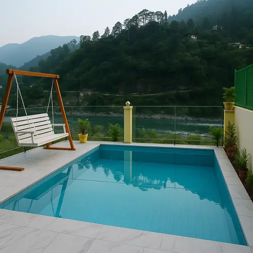 Aesthetic River-Side Glass-Walled Swimming Pool