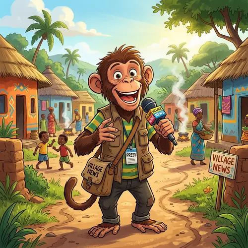 Cheerful Cartoon Monkey Reporter in a Rustic Village