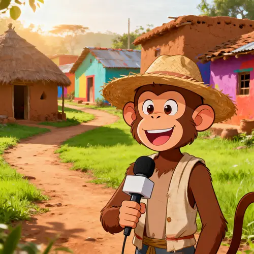 Cheerful Cartoon Monkey Reporter in a Rustic Village