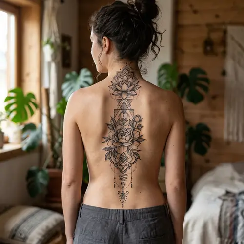 Elegant Spine Tattoo with Peony and Lotus