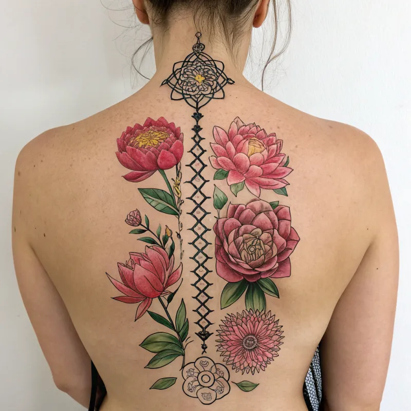 Elegant Spine Tattoo with Peony and Lotus Elegant Spine Tattoo with Peony and Lotus