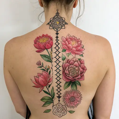 Elegant Spine Tattoo with Peony and Lotus