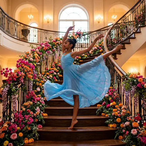 South Asian Girl Gymnast in Flowing Dress on Flower-Adorned Staircase