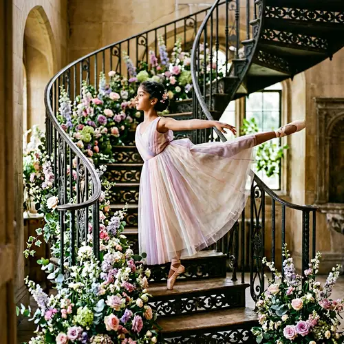 South Asian Girl Gymnast Balancing on Vintage Staircase