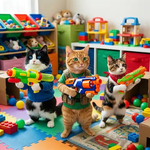 Anthropomorphic Cats with Futuristic Toy Blasters
