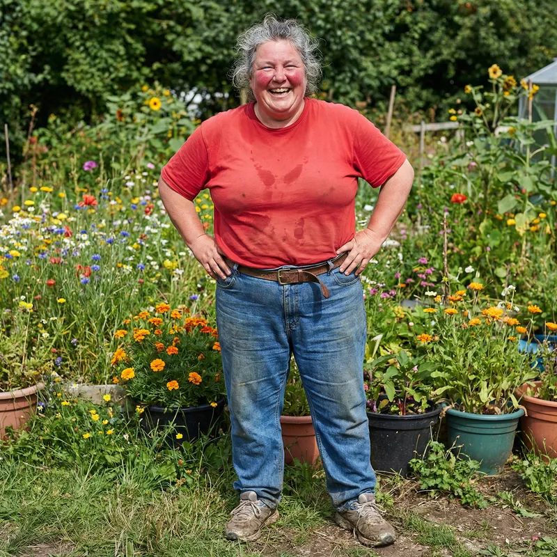 Portly Person in Red Shirt and Blue Jeans | Garden Backdrop Portly Person in Red Shirt and Blue Jeans | Garden Backdrop