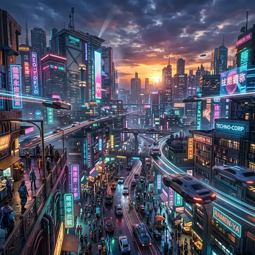Futuristic Cityscape at Sunset: Cyberpunk Aesthetics