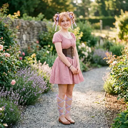 Young Woman with Strawberry Blonde Hair and Lavender Ribbons in Loops