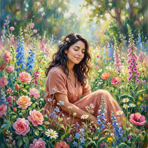 Captivating Portrait of Young Woman Surrounded by Flowers | Art Inspired by Monet