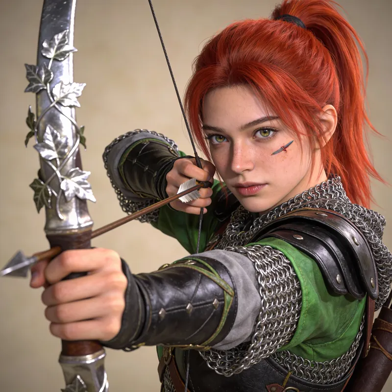 Vibrant Young Fighter with Silver Bow and Red Hair