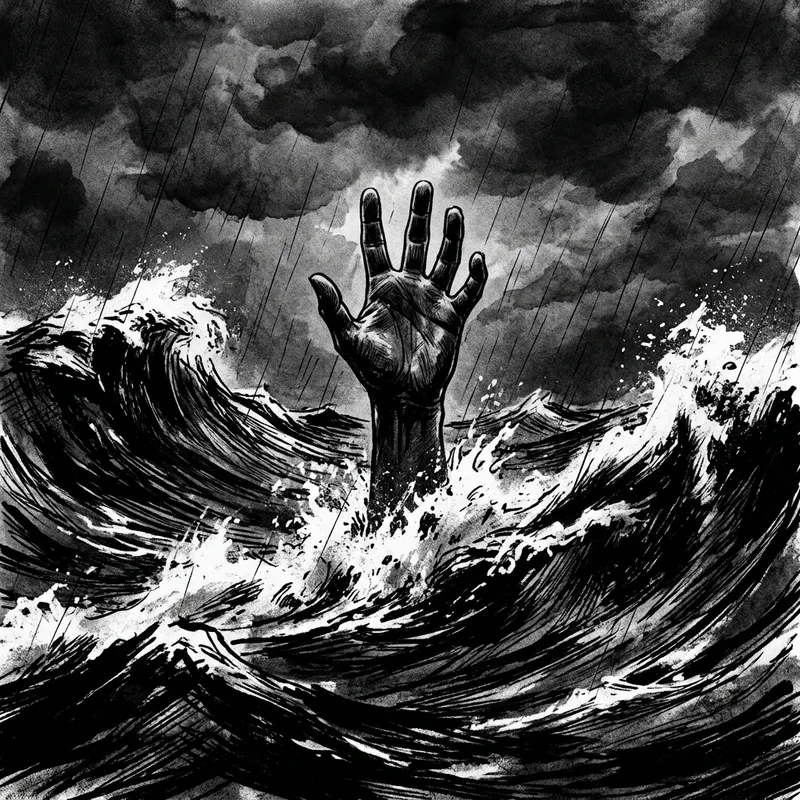 Desperate Hand Emerges from Turbulent Sea: Striking Black and White Image
