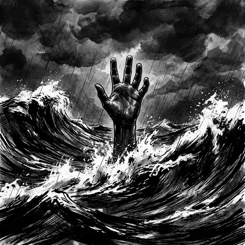 Dramatic Black and White Image: Hand Reaching from Stormy Sea