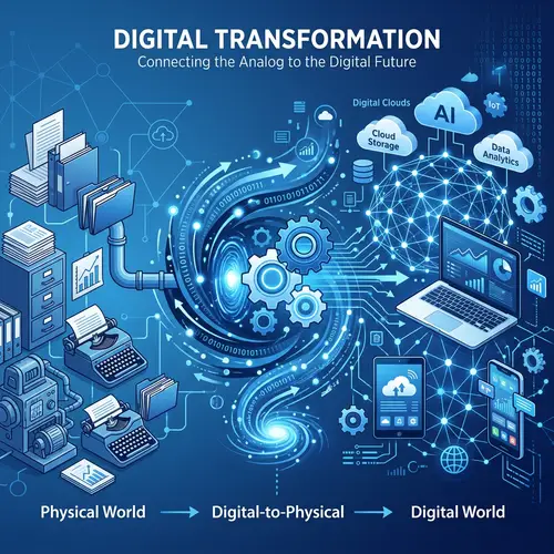 Digital Transformation Illustration with Gears, Binary Codes, and Networks