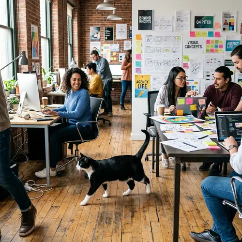 Tuxedo Cat in Ad Agency: A Scene of Creativity and Serenity